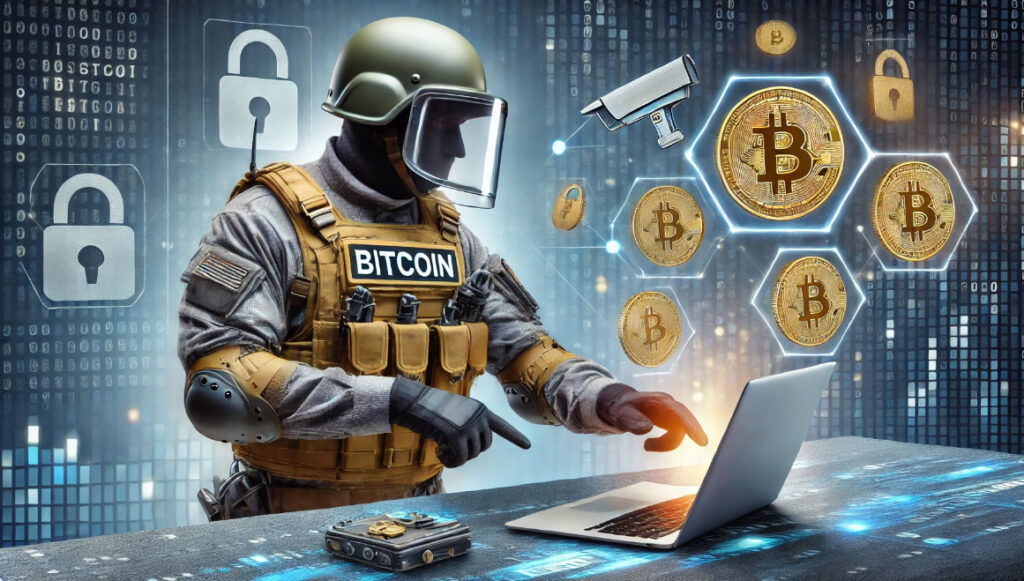 Bitcoin security concept with a figure in military gear labeled 'Bitcoin,' working on a laptop surrounded by security symbols and Bitcoin icons.