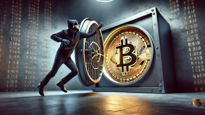 Visual representation of Bitcoin security with a hacker attempting to access a large vault containing a Bitcoin symbol, emphasizing the importance of secure Bitcoin wallets.