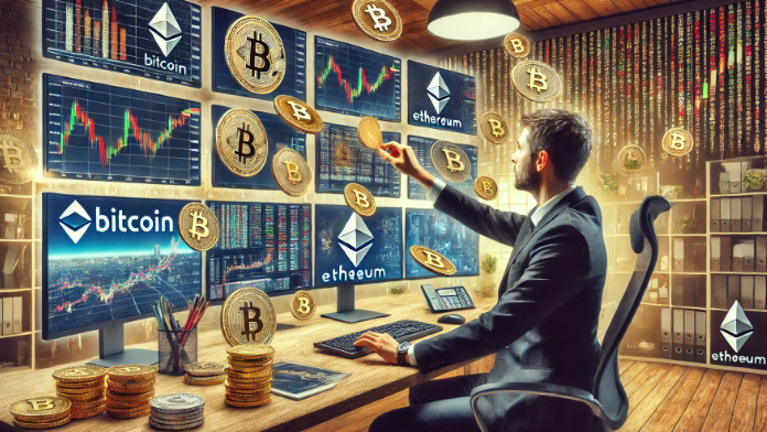 Man trading Bitcoin and Ethereum on multiple screens, surrounded by floating coins and a background of charts, highlighting the importance of low-fee crypto exchanges.