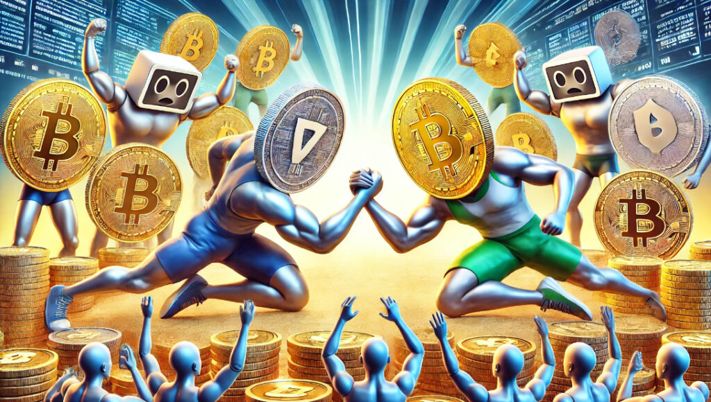 Illustration of cryptocurrencies, including Bitcoin, represented as athletes arm-wrestling, symbolizing competition in the crypto market.