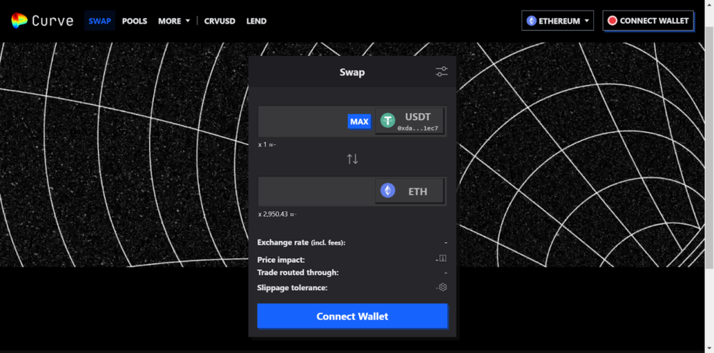 Curve Finance interface showing a USDT to ETH swap with wallet connection option.