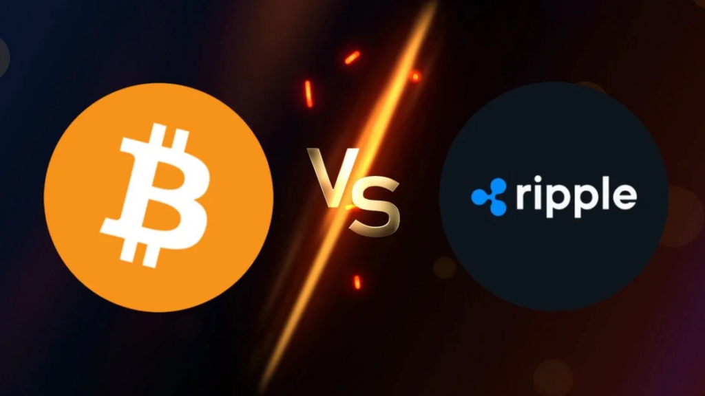 Bitcoin vs Ripple comparison graphic highlighting differences.