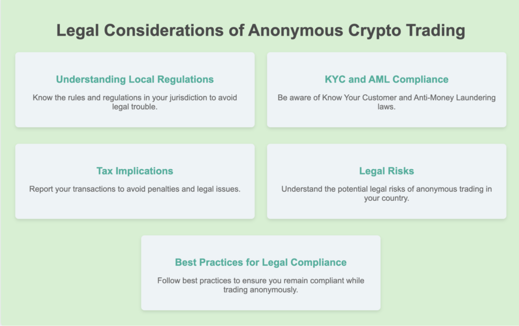 Legal considerations for anonymous crypto trading: local regulations, KYC/AML compliance, tax implications, and legal risks.