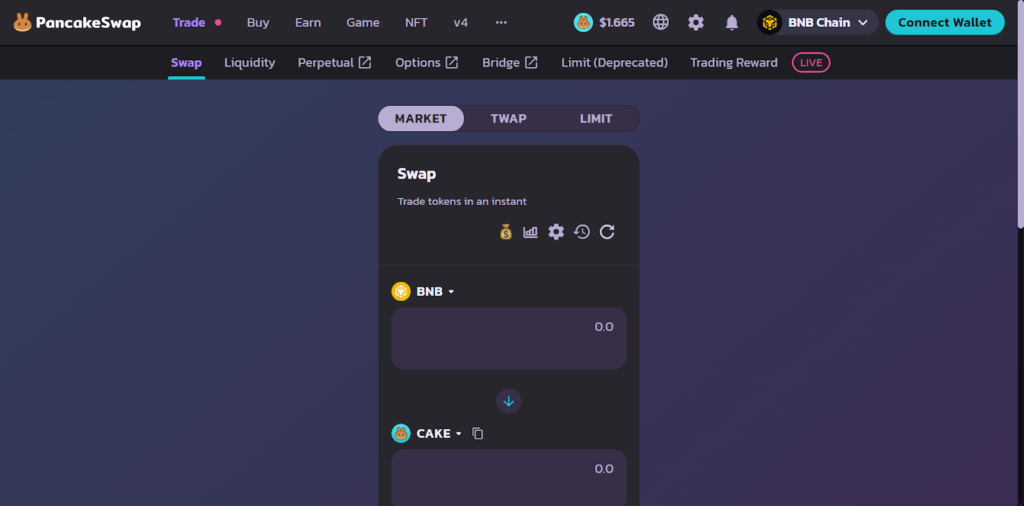 PancakeSwap interface showing the swap function for trading tokens on Binance Smart Chain, with features like staking, yield farming, cross-chain trading, and a crypto lottery.