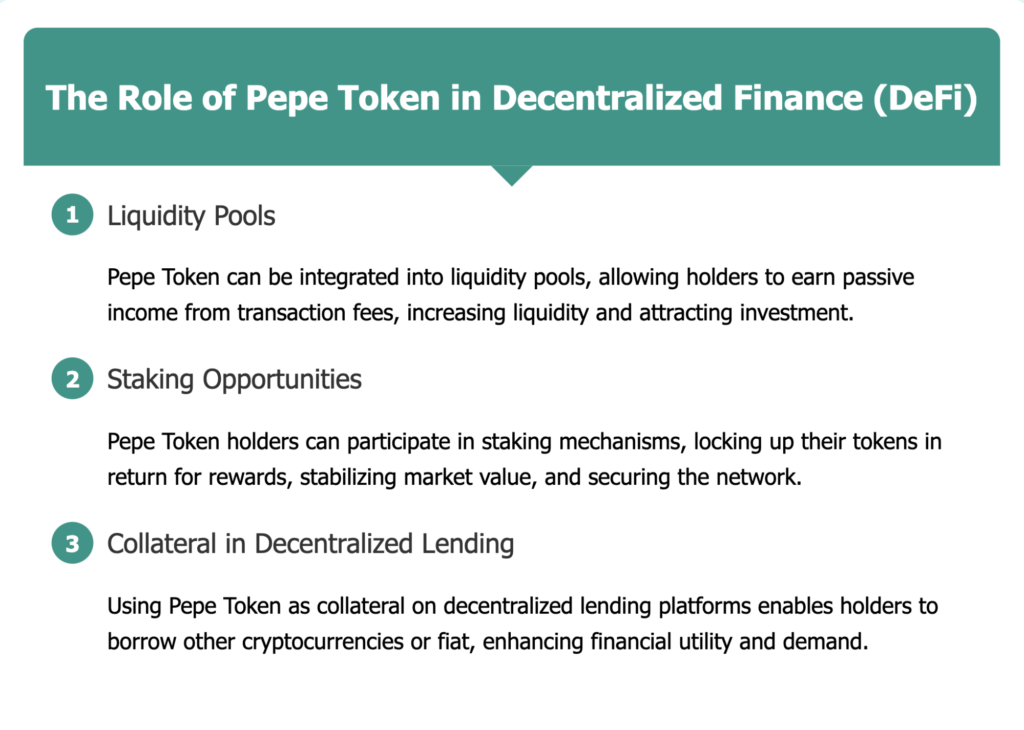 Pepe Token's role in DeFi with liquidity pools, staking opportunities, and decentralized lending as collateral.