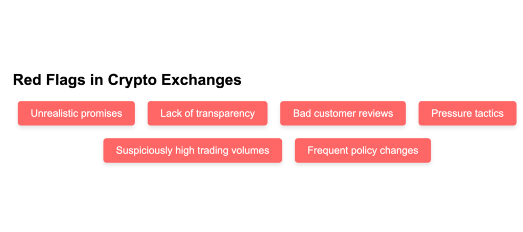 Red flags in crypto exchanges: unrealistic promises, lack of transparency, bad reviews, pressure tactics, high volumes, frequent changes.