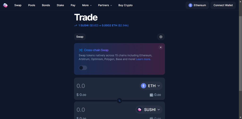 SushiSwap trading interface with cross-chain swap option for ETH to SUSHI.