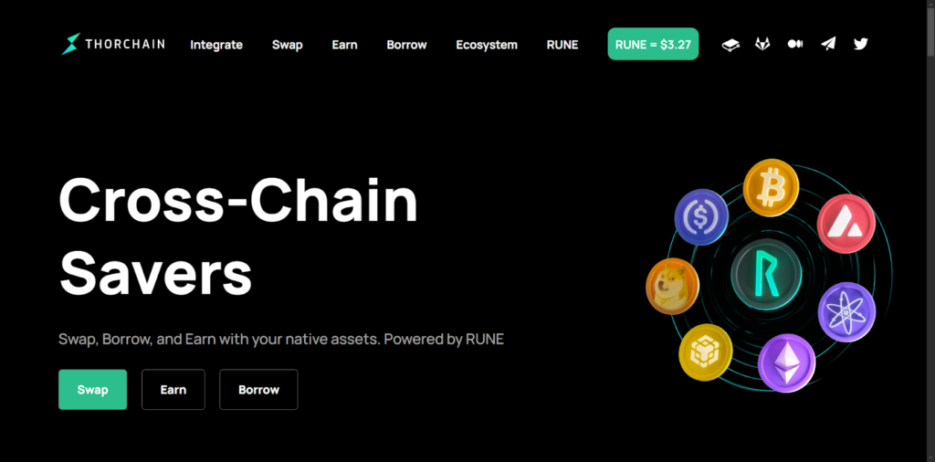 Thorchain homepage highlighting cross-chain savers with options to swap, earn, and borrow using RUNE.