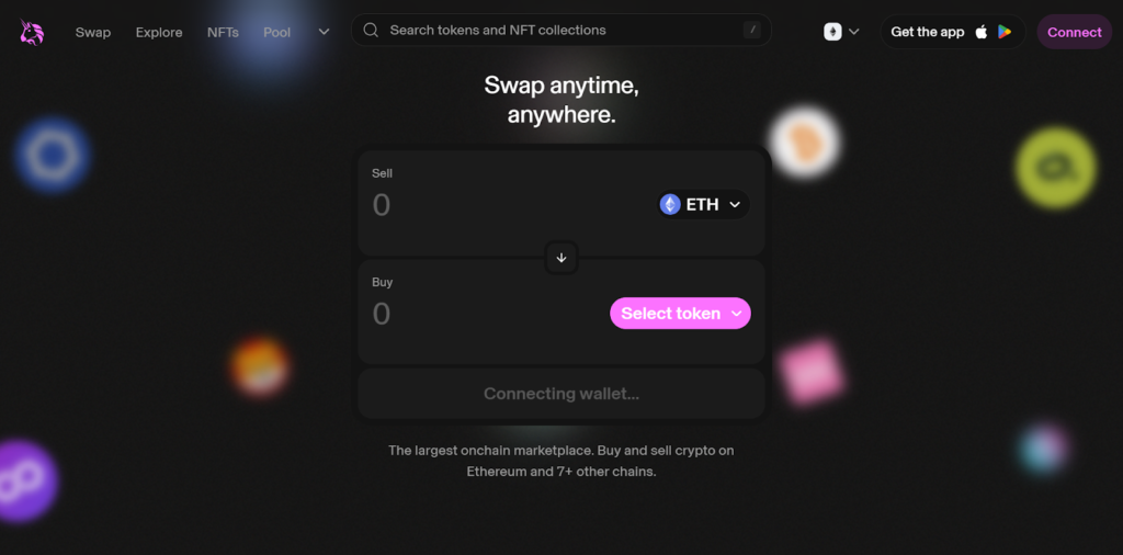 Uniswap interface showing the ability to swap tokens anytime, anywhere. The largest on-chain marketplace allows users to buy and sell crypto on Ethereum and 7+ other chains.