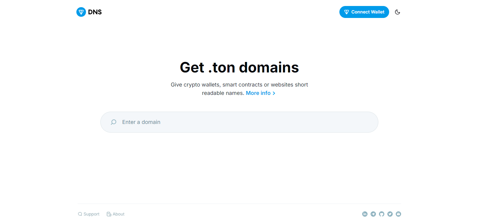 TON DNS interface for registering .ton domains for crypto wallets, smart contracts, and websites.