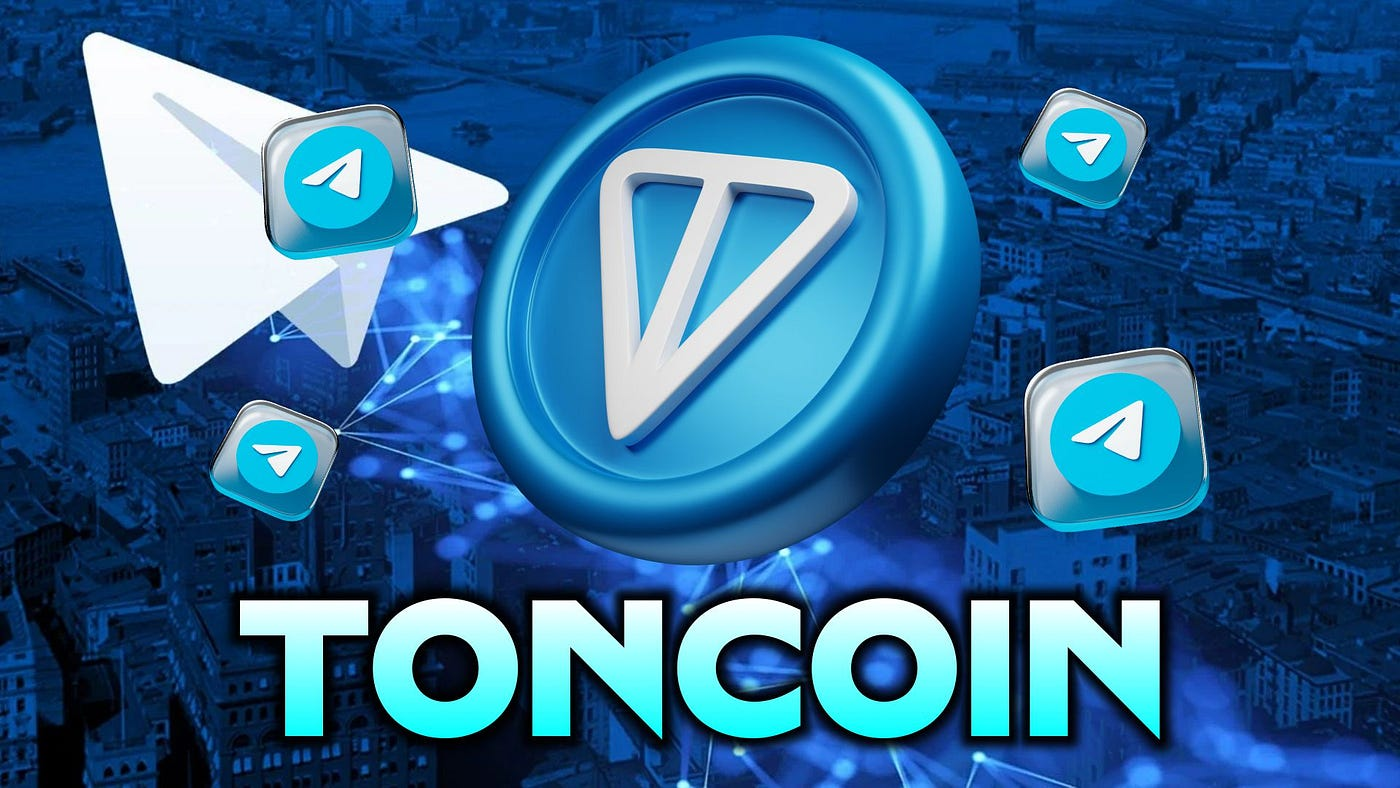 Toncoin logo with Telegram icons representing the TON Blockchain's native cryptocurrency.