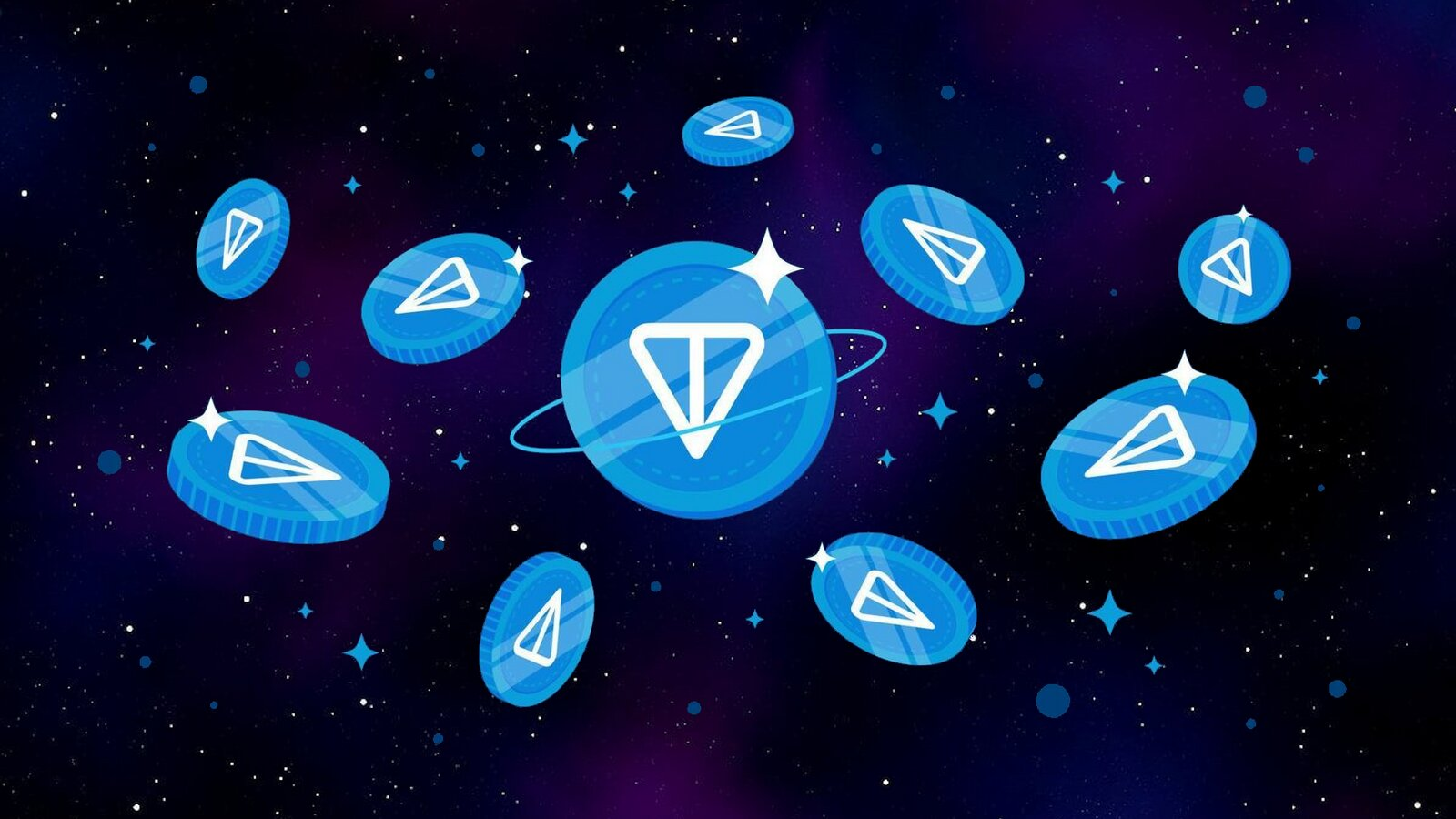 Toncoin tokens floating in space, symbolizing staking rewards and decentralized platform governance.