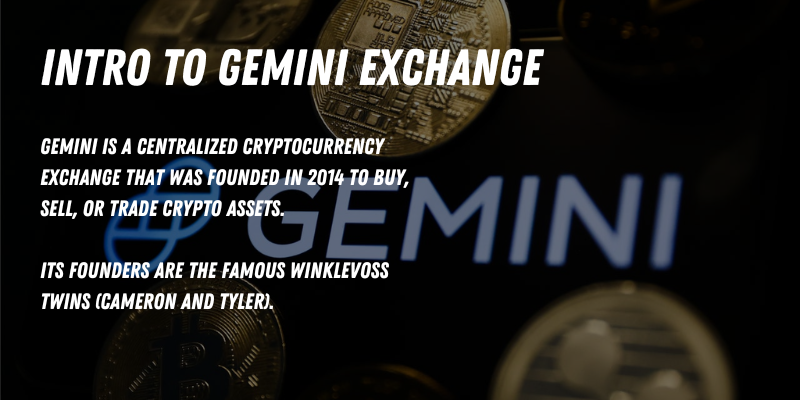 Intro to Gemini Exchange with a background of crypto coins and the Gemini logo highlighting its features and founders.