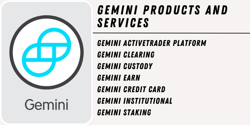 Gemini logo with a list of Gemini products and services including ActiveTrader, Custody, Earn, and Staking.