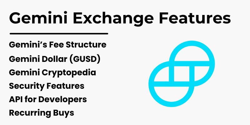 List of Gemini Exchange features including fee structure, GUSD, Cryptopedia, and security, with Gemini logo.