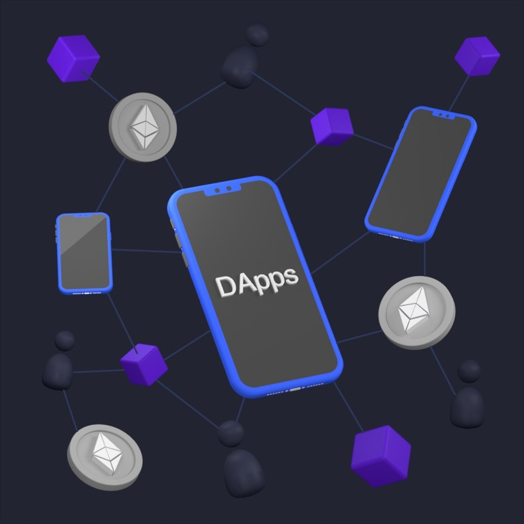 Illustration of Decentralized Applications (DApps) concept with connected smartphones, blockchain symbols, and Ethereum coins on a dark background.