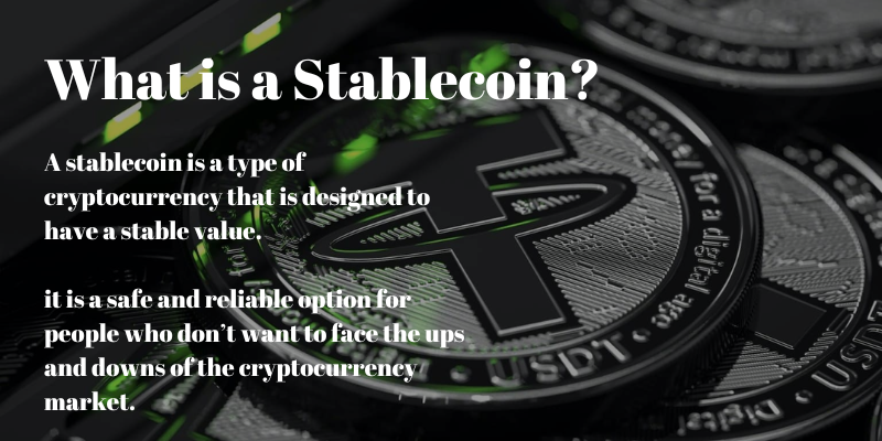 Graphic explaining what a stablecoin is, with a focus on its stability as a cryptocurrency, featuring a close-up image of a stablecoin.