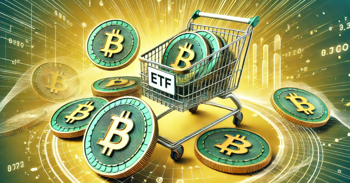 Bitcoin coins inside a shopping cart labeled ETF, surrounded by digital charts and data, representing crypto ETFs.