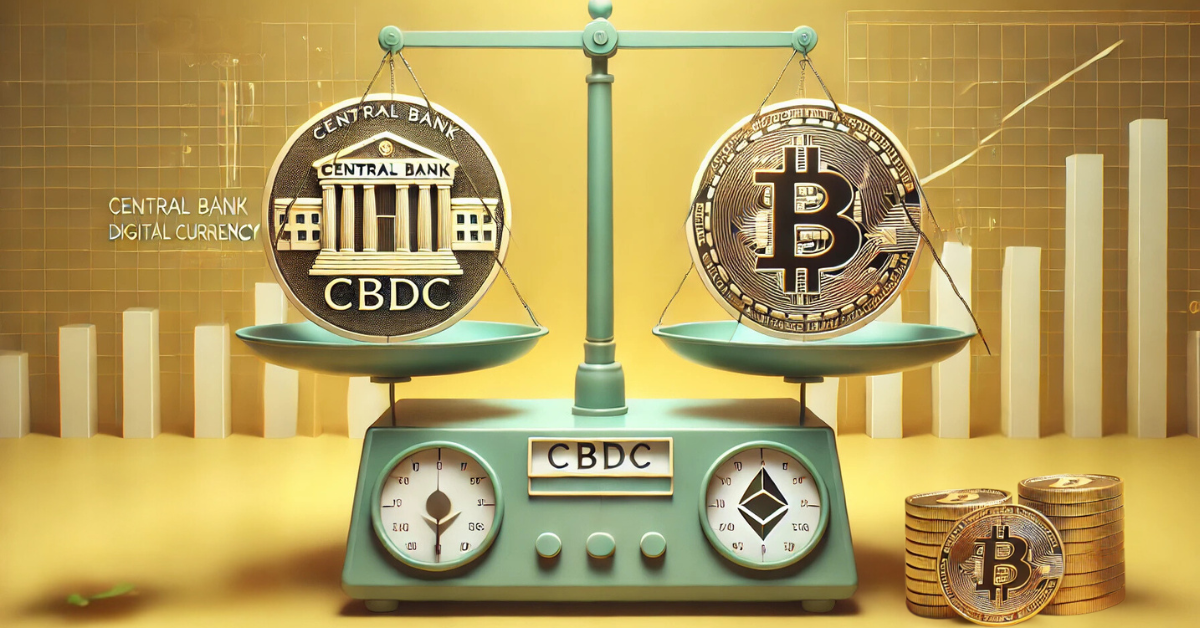 A scale weighing Central Bank Digital Currency (CBDC) and Bitcoin, illustrating the comparison between CBDCs and cryptocurrencies.