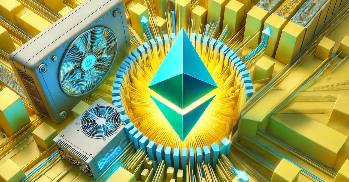 Symbolic representation of Ethereum's creation, with Ethereum logo surrounded by technology components and radiating energy.