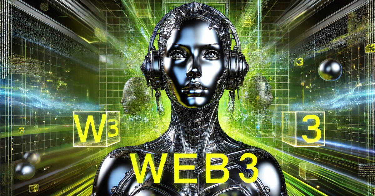 Web3 concept with futuristic humanoid figure and digital grid background representing decentralized internet evolution.