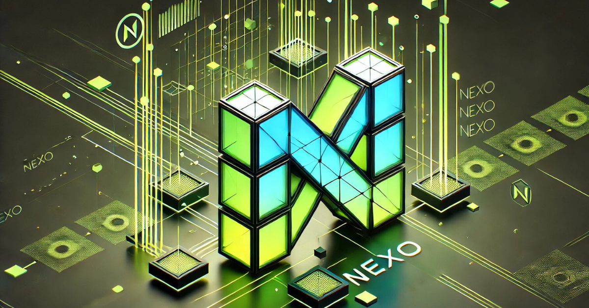 Nexo logo with digital network elements, symbolizing the crypto lending platform and its features.