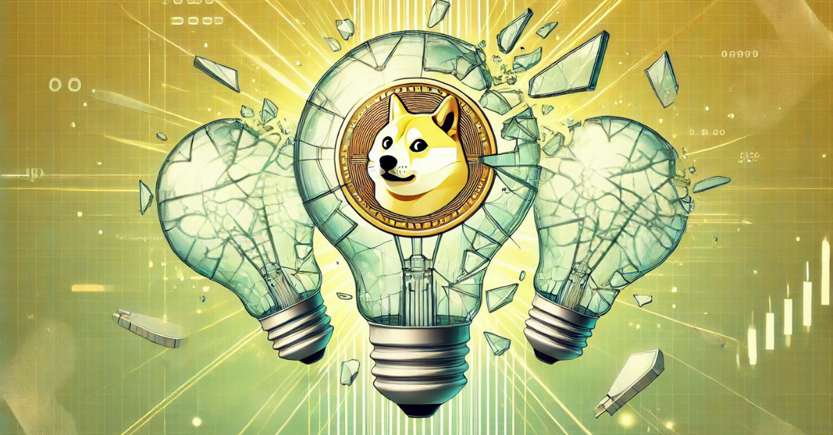 Dogecoin coin breaking through lightbulbs, symbolizing its transformation from a meme coin to a serious contender in 2024.