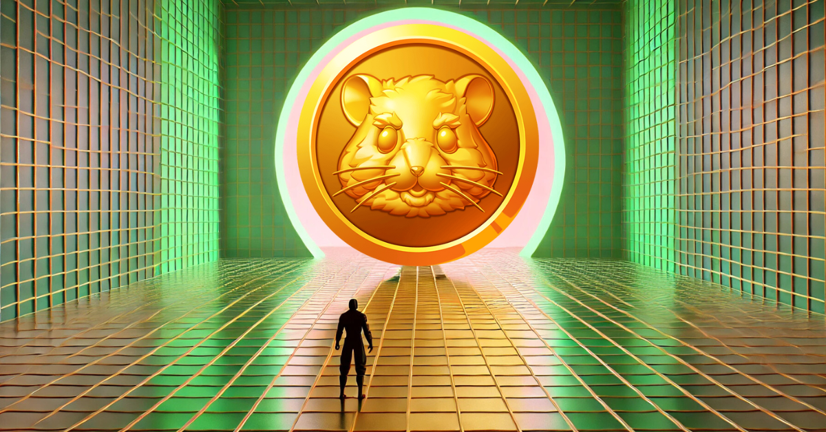 Giant golden hamster coin in futuristic arena, titled 'Hamster Kombat,' symbolizing unique cryptocurrency concept.