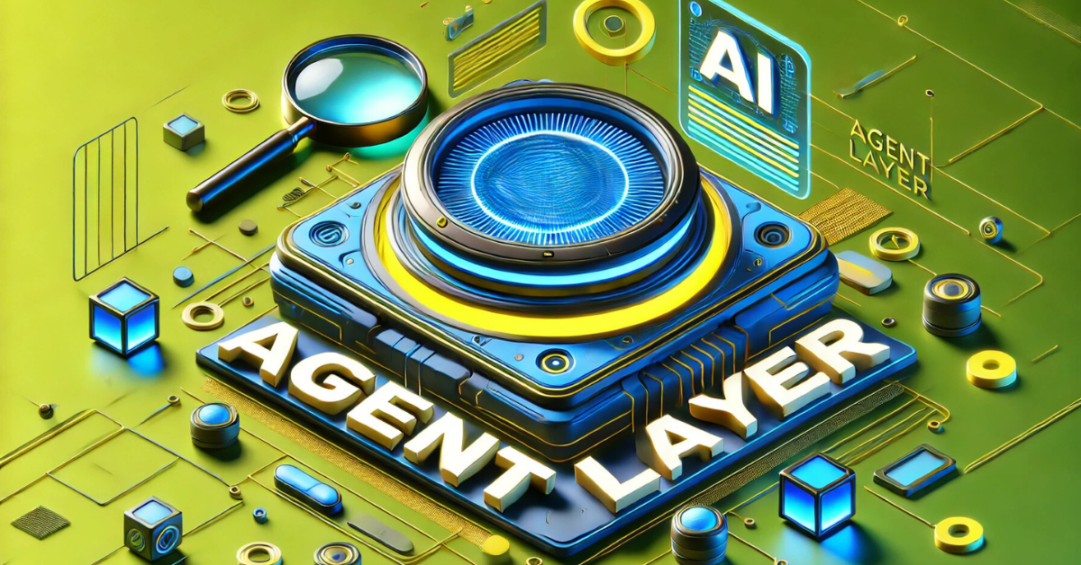 3D futuristic circuit with 'Agent Layer' label, magnifying glass, and AI interface elements, representing advanced digital layer.