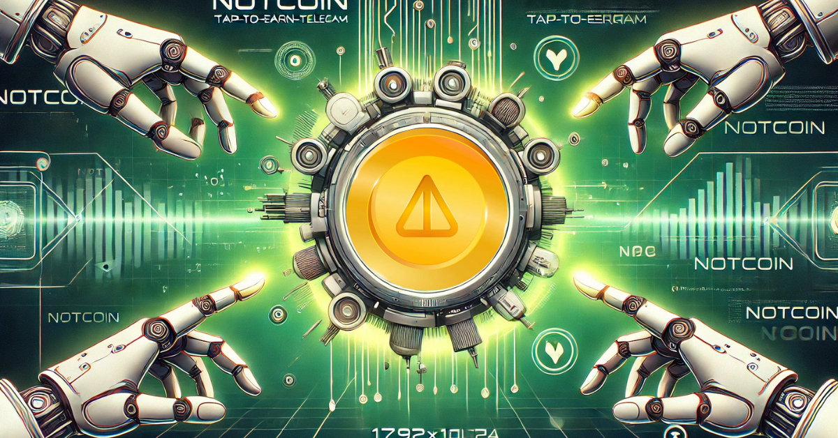 Futuristic robotic hands pointing at a golden Notcoin symbol in a digital environment, representing a decentralized tech concept.