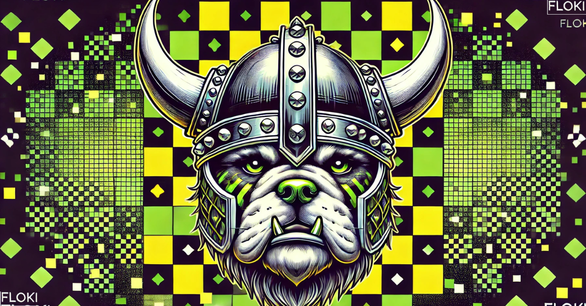 Floki mascot with Viking helmet on a pixelated green and yellow background, representing a crypto concept.