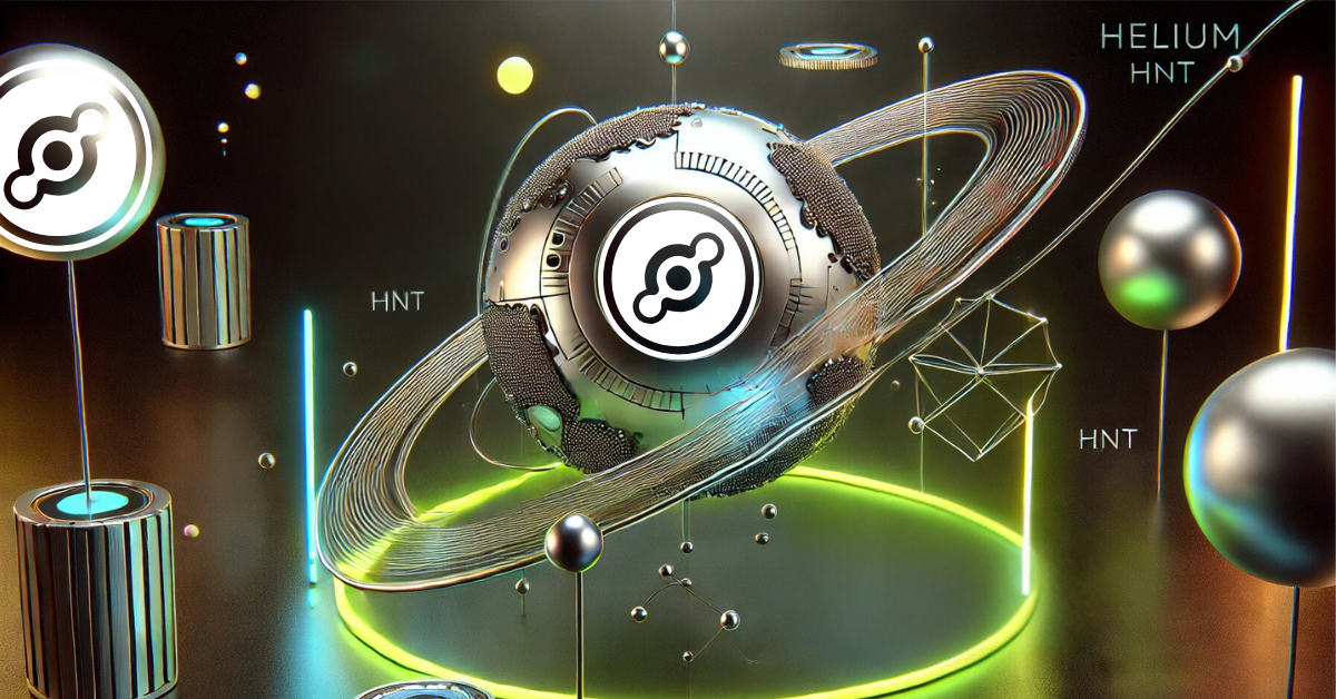 Helium (HNT) network concept with futuristic spherical hub and orbiting elements on a dark background.