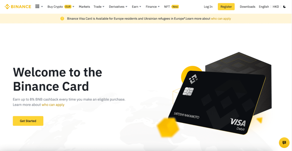 Binance Visa card offering cashback for crypto purchases.