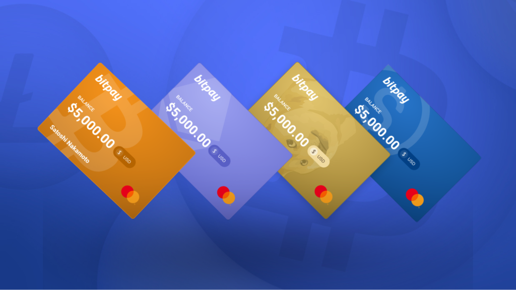 Various BitPay cards showing a balance of $5,000 in different colors.