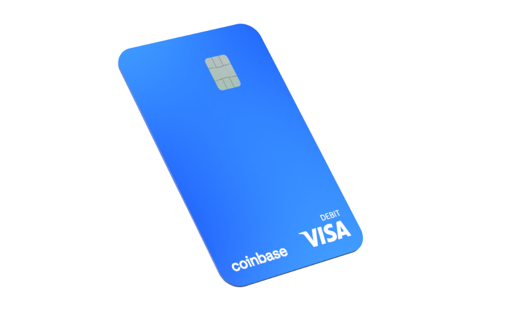 Blue Coinbase Visa debit card for crypto payments.