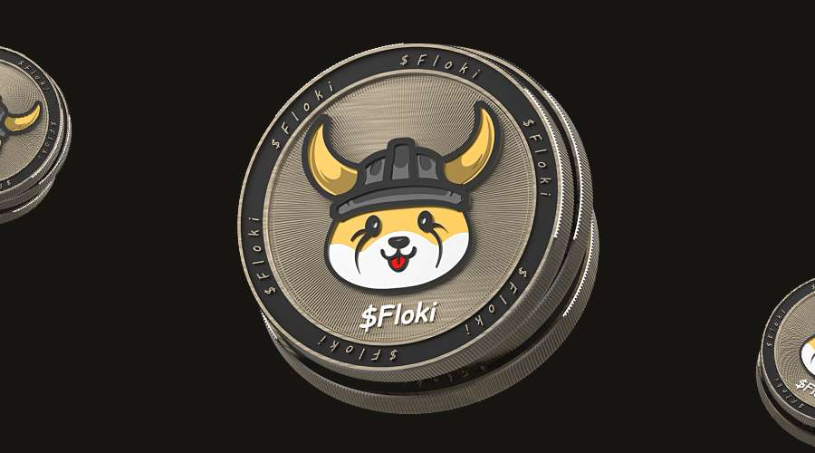 $FLOKI token cryptocurrency coin with Viking helmet design.