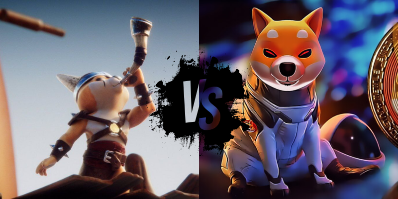 Floki Inu vs. Shiba Inu in a cryptocurrency rivalry image.