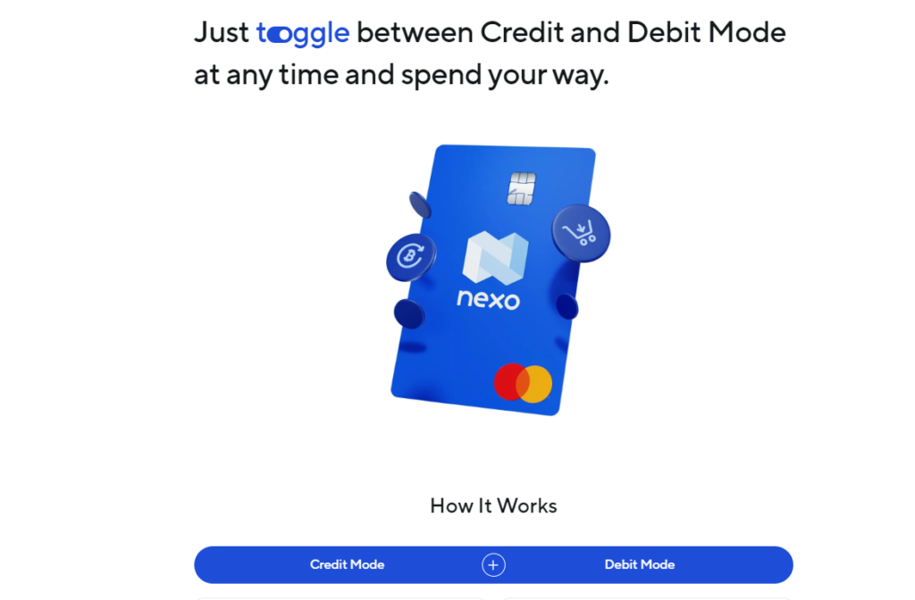 Nexo card feature allowing users to toggle between credit and debit modes.