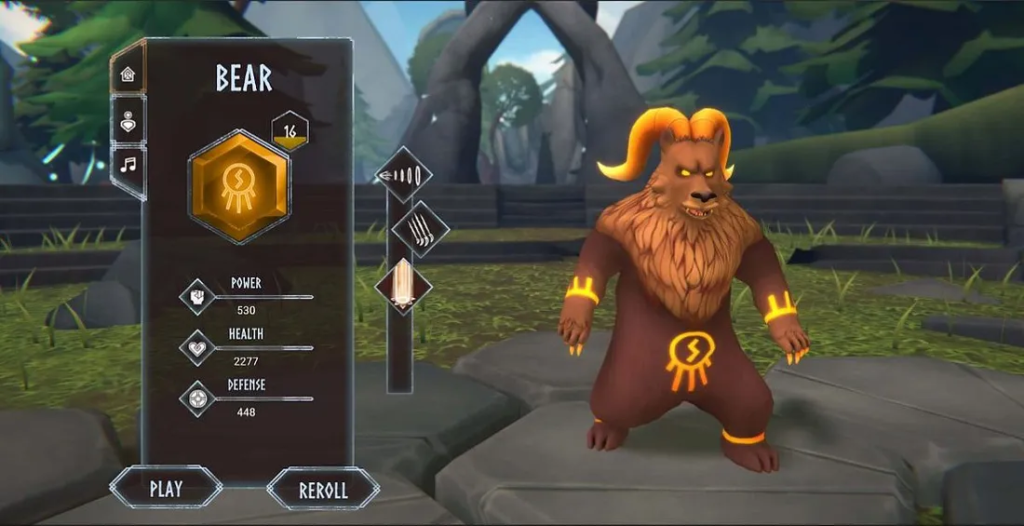 Valhalla game bear character with stats in the Floki metaverse.