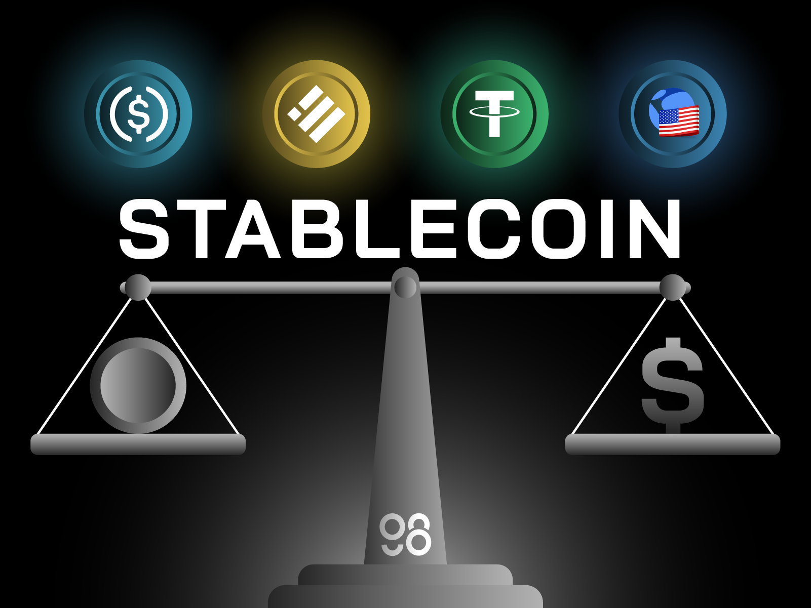 Stablecoin illustration with balance scale comparing crypto and fiat, featuring logos of popular stablecoins like USDC, BUSD, Tether, and others.