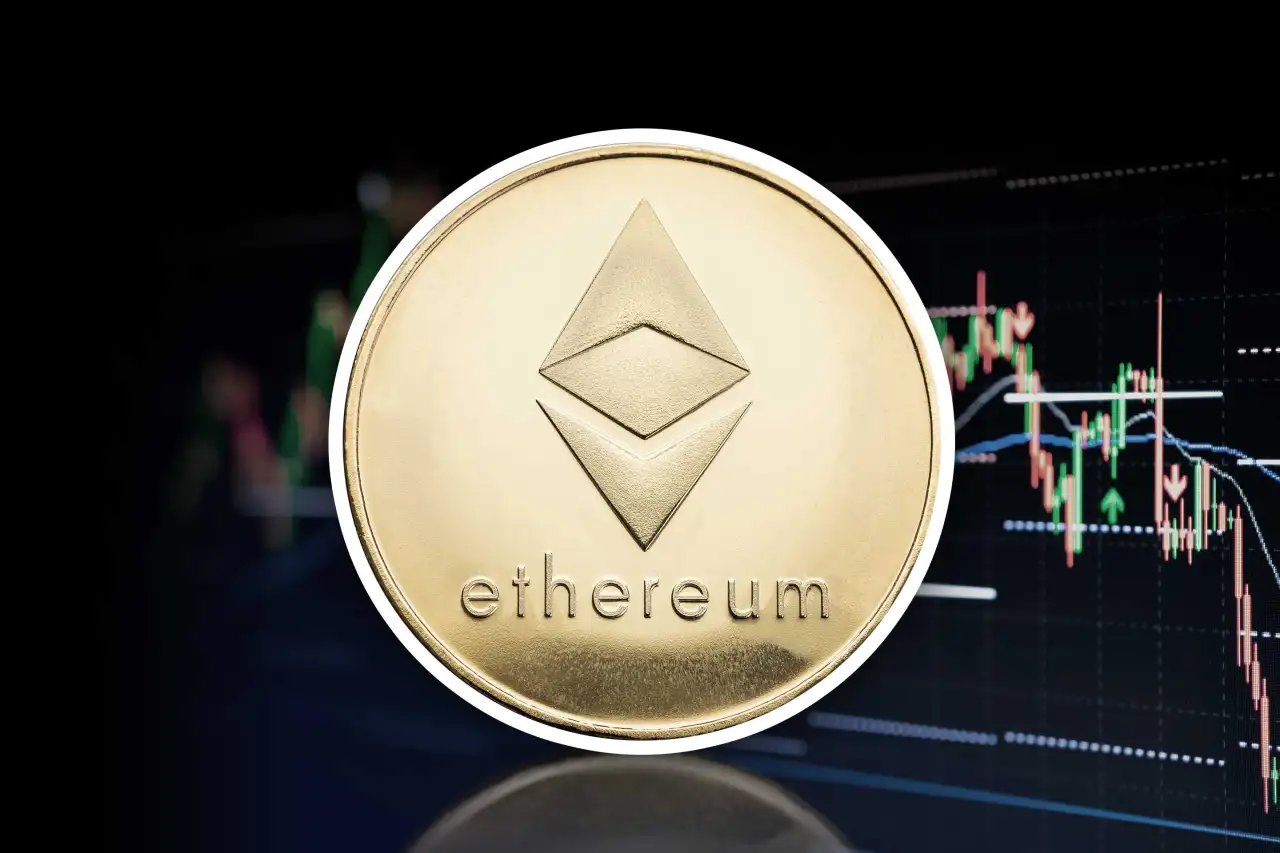 Ethereum coin with financial chart background, symbolizing the blockchain revolution led by Vitalik Buterin, the creator of Ethereum.