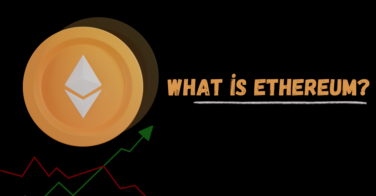 Ethereum illustration with rising graph, describing it as decentralized, open-source technology with smart contracts, powering DApps and blockchain.