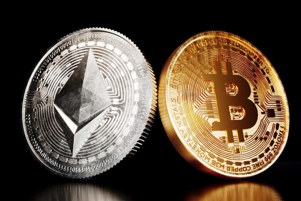 Ethereum vs Bitcoin comparison image showing the two prominent cryptocurrencies, highlighting their differences and unique features.