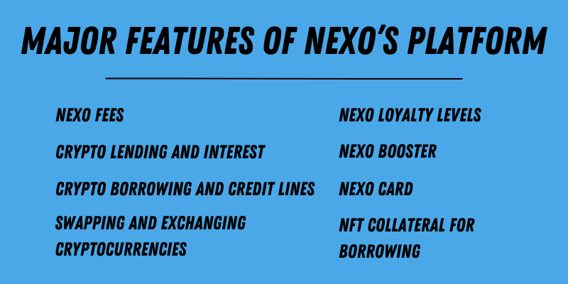 Key features of Nexo: Fees, crypto lending and borrowing, credit lines, crypto exchange, loyalty levels, booster, card, NFT collateral.