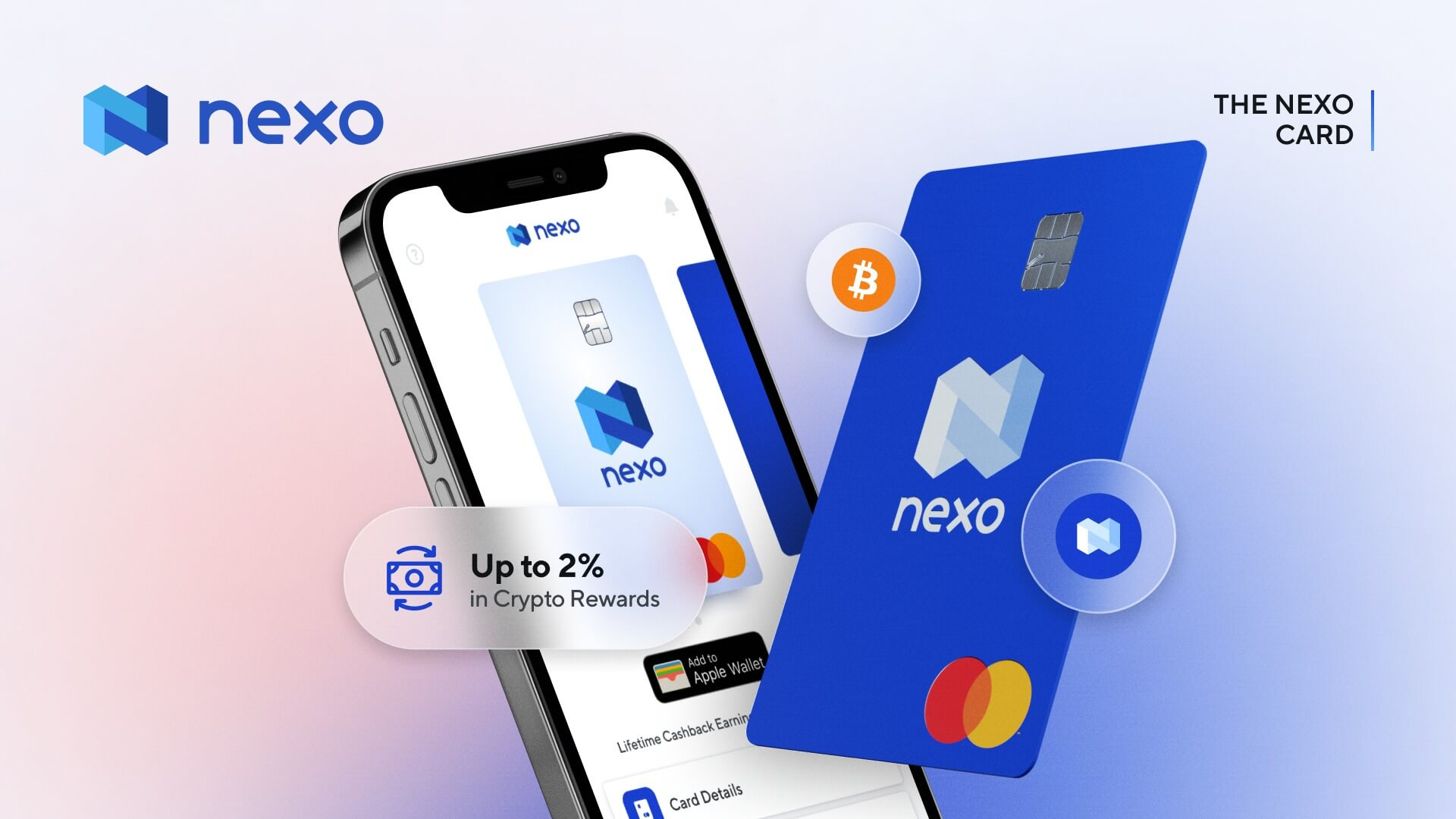 Nexo card with up to 2% crypto rewards, featuring mobile integration and Mastercard logo for seamless crypto-to-fiat transactions.