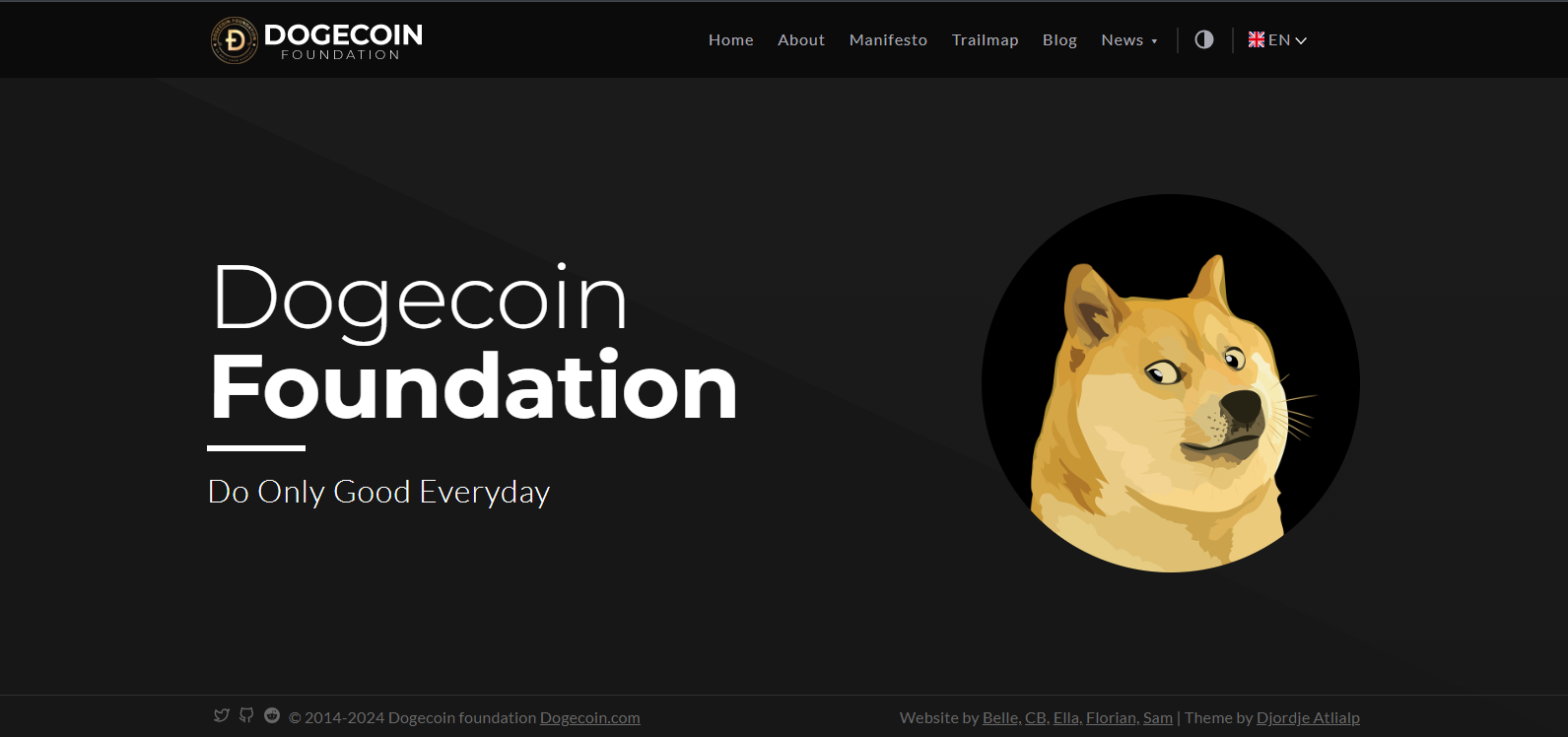 Dogecoin Foundation website homepage featuring Dogecoin logo and slogan 'Do Only Good Everyday'.