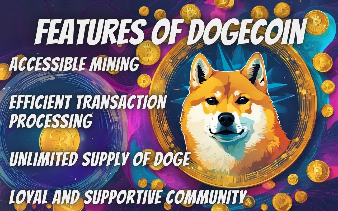 Features of Dogecoin, highlighting accessible mining, efficient transactions, unlimited supply, and a loyal community.