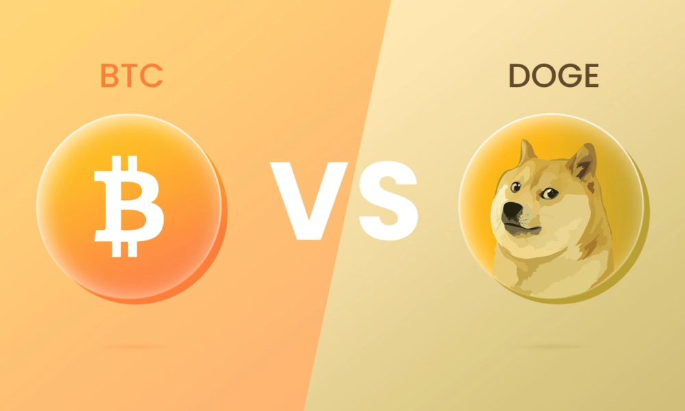 Comparison of Bitcoin (BTC) and Dogecoin (DOGE) with respective logos in a side-by-side visual format.