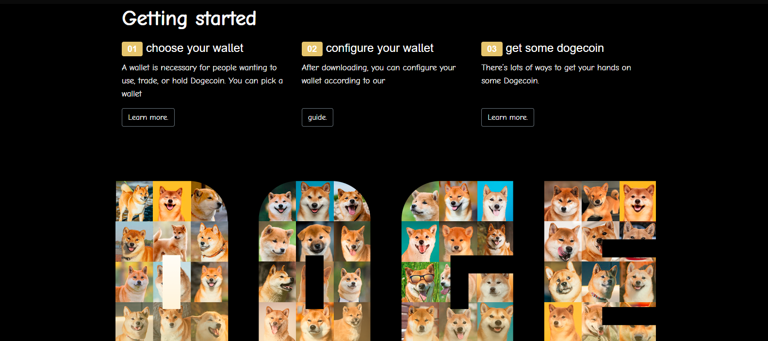 Steps to get started with Dogecoin, including choosing a wallet, configuring it, and acquiring Dogecoin, with 'DOGE' text made from Shiba Inu images.