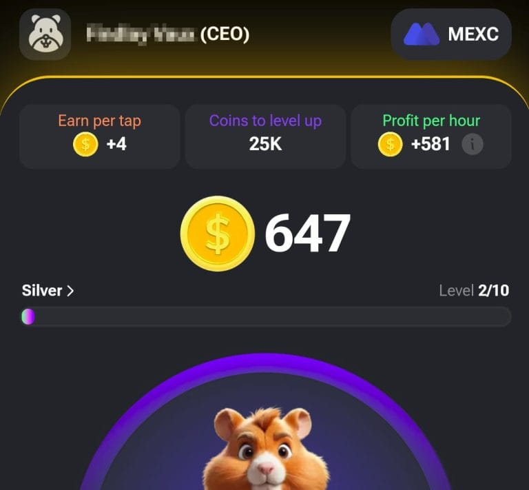 Hamster Kombat game screen showing player stats, including 647 coins, level progress, and profit per hour in the crypto-based game.